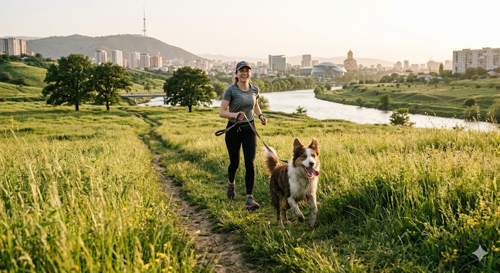 ბედნიერი ახალგაზრდა ქალი თავის ძაღლთან ერთად დარბის გამწვანებულ ბილიკზე, მდინარე მტკვრის პირას. ფონზე მოჩანს თბილისის ხედი და ტელეანძა, რაც ქალაქის ხმაურისგან დასვენების იდეალურ ატმოსფეროს ქმნის.