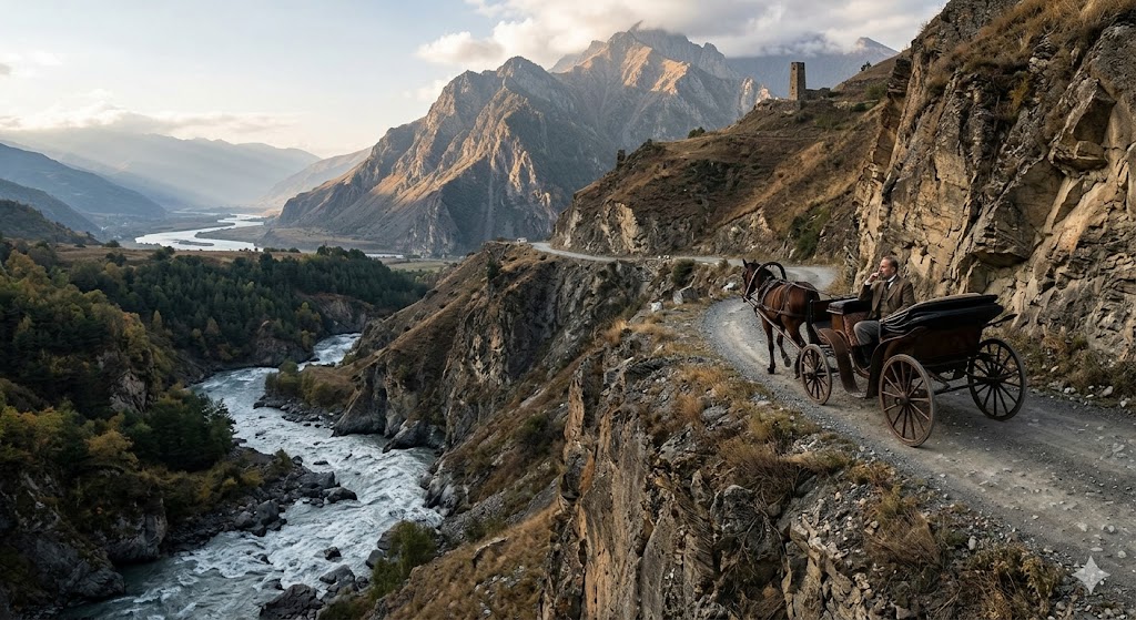 მე-19 საუკუნის ცხენშებმული ეტლი, რომელიც მიემგზავრება კავკასიონის კლდოვან გზაზე. ხეობაში მოჩანს მჩქეფარე მდინარე (თერგის სიმბოლო), ფონზე კი დრამატული მთების პეიზაჟია.