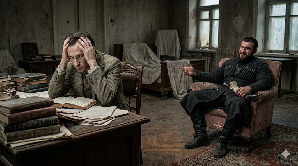 მიხეილ ჯავახიშვილის რომანის, „ჯაყოს ხიზნების“ რეალისტური ილუსტრაცია. წინა პლანზე ჩანს სასოწარკვეთილი თეიმურაზ ხევისთავი, რომელიც წიგნებით სავსე მაგიდასთან ზის და თავზე ხელები აქვს შემოჭერილი. ფონზე კი სავარძელში მედიდურად ზის ჯაყო ჯივაშვილი, რაც ინტელექტის მარცხსა და უხეში ძალის გამარჯვებას გამოხატავს.