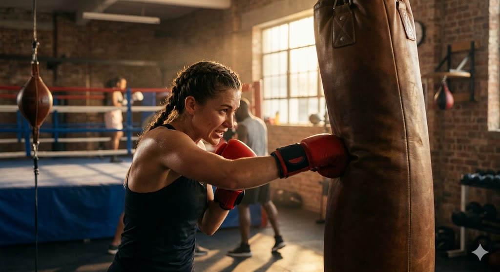 მიზანდასახული ახალგაზრდა ქალი წითელი ხელთათმანებით, რომელიც მზის შუქით განათებულ დარბაზში ტყავის საკრივო ტომარას ურტყამს. ფონზე ჩანს საკრივო რინგი და მოვარჯიშე ადამიანები.